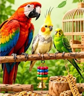 Parrot, cockatiel and budgie with a cage and toys