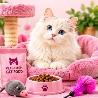 Cat food, bed and toys for cats