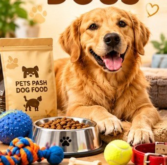 Dog food, toys and a bowl for dogs
