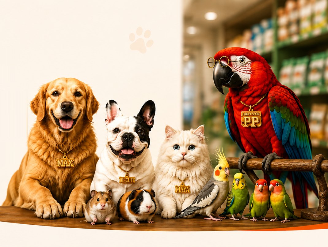 Max the Golden Retriever, Biscuit the French Bulldog, Maya the cat, Professor PP the macaw and friends